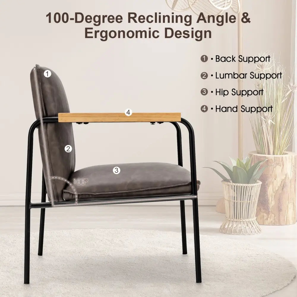 PU Leather Accent Chair with Rubber Wood Armrests-Gray - Gray - Accent Chairs
