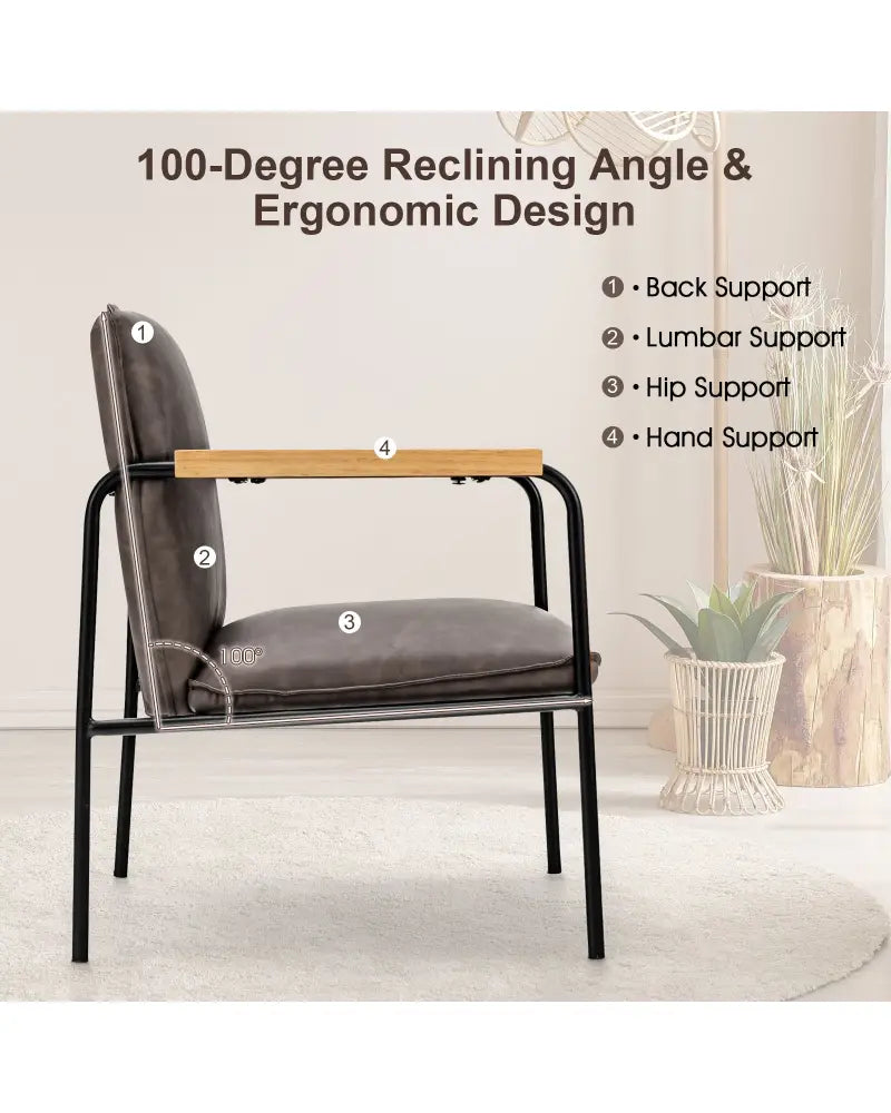 PU Leather Accent Chair with Rubber Wood Armrests-Gray - Gray - Accent Chairs