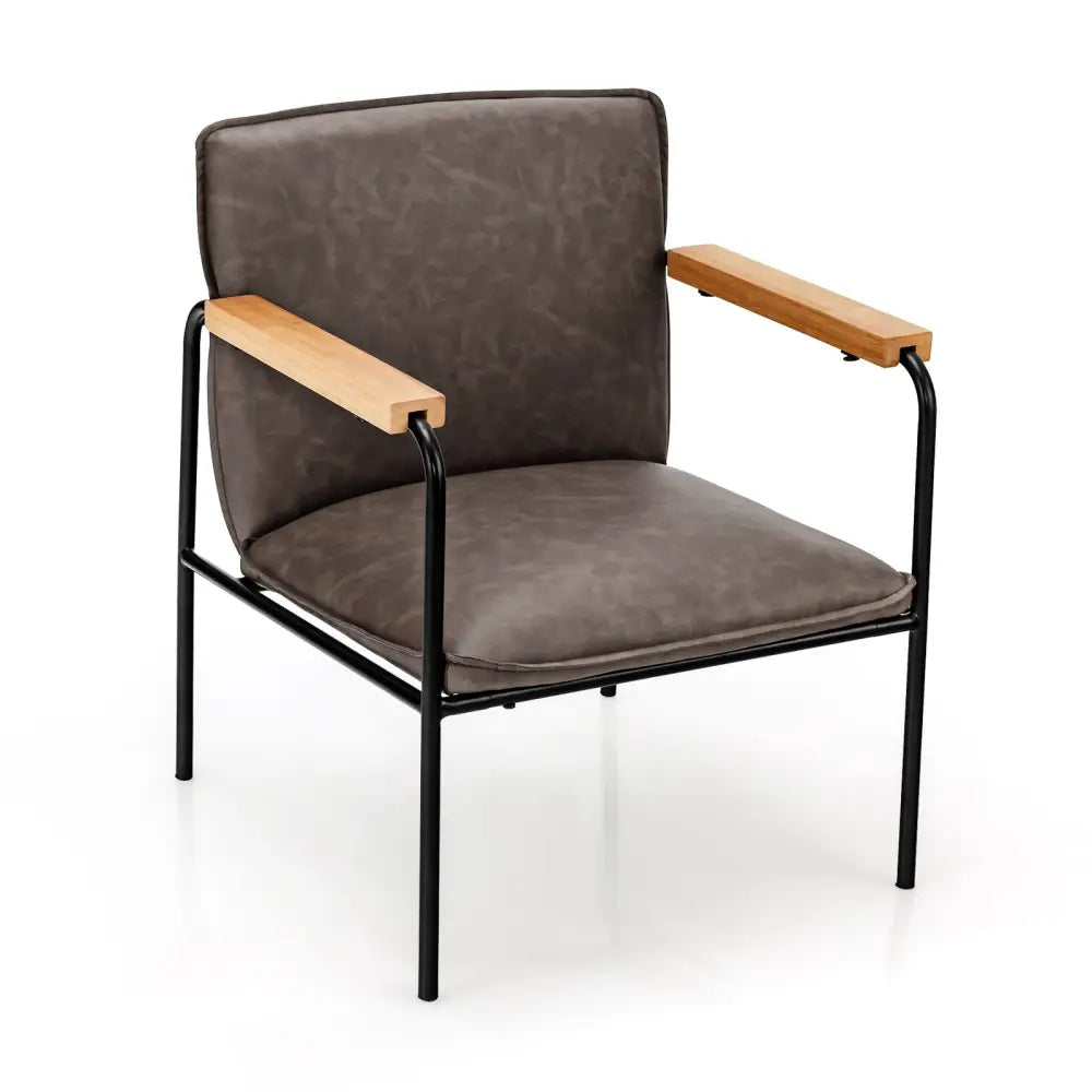 PU Leather Accent Chair with Rubber Wood Armrests-Gray - Gray - Accent Chairs