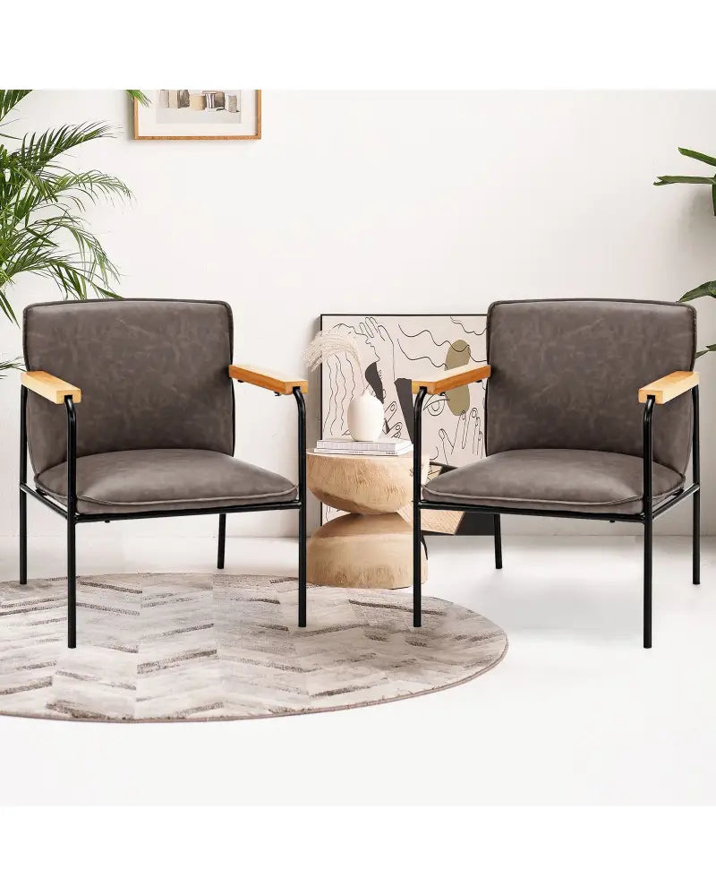 PU Leather Accent Chair with Rubber Wood Armrests-Gray - Gray - Accent Chairs