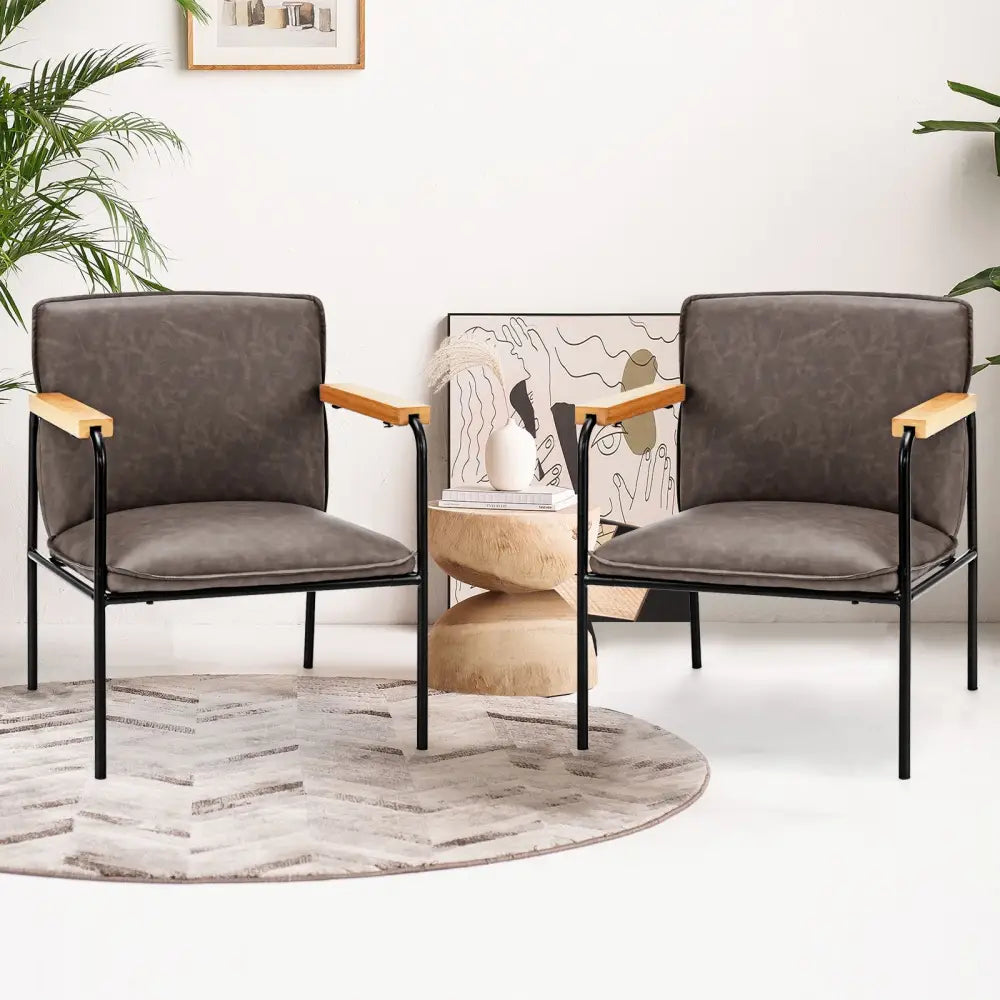 PU Leather Accent Chair with Rubber Wood Armrests-Gray - Gray - Accent Chairs