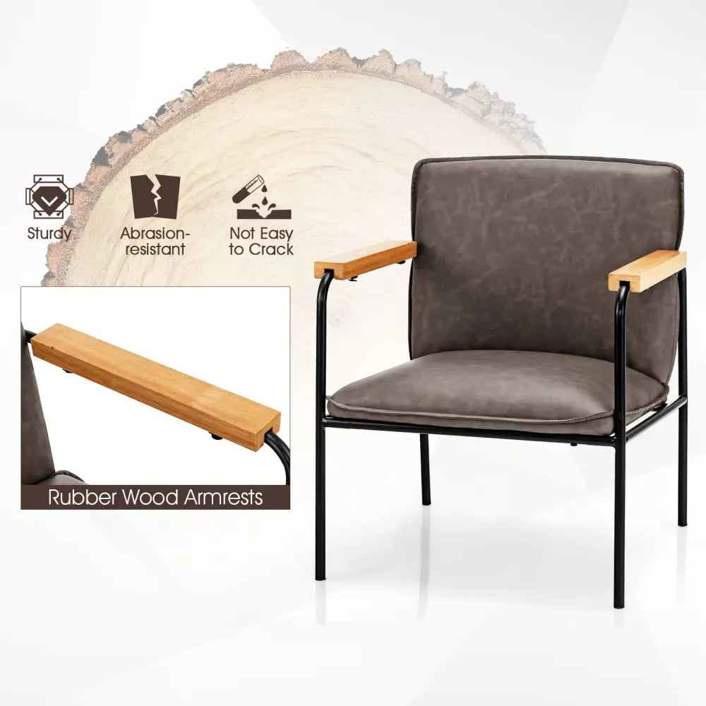 PU Leather Accent Chair with Rubber Wood Armrests-Gray - Gray - Accent Chairs