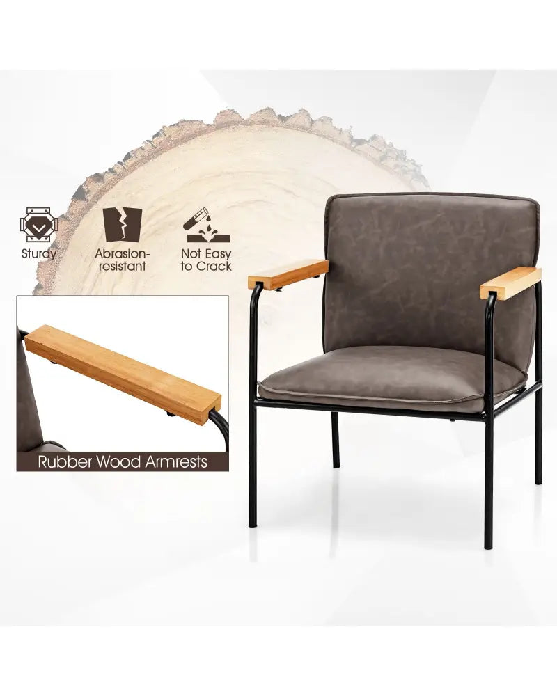PU Leather Accent Chair with Rubber Wood Armrests-Gray - Gray - Accent Chairs