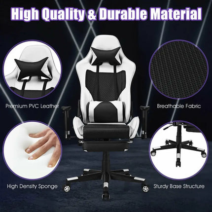 PU Leather Gaming Chair with USB Massage Lumbar Pillow and Footrest-White - White - Gaming Chairs