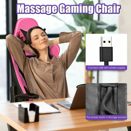 PU Leather Gaming Chair with USB Massage Lumbar Pillow and Footrest-Pink - Pink - Gaming Chairs