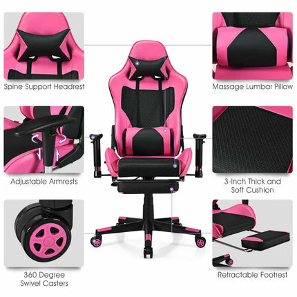 PU Leather Gaming Chair with USB Massage Lumbar Pillow and Footrest-Pink - Pink - Gaming Chairs