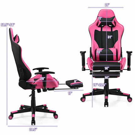 PU Leather Gaming Chair with USB Massage Lumbar Pillow and Footrest-Pink - Pink - Gaming Chairs