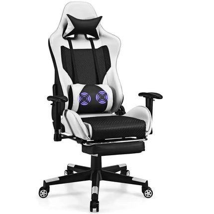PU Leather Gaming Chair with USB Massage Lumbar Pillow and Footrest-White - White - Gaming Chairs