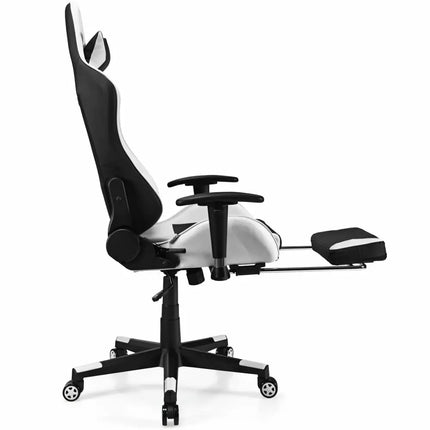 PU Leather Gaming Chair with USB Massage Lumbar Pillow and Footrest-White - White - Gaming Chairs