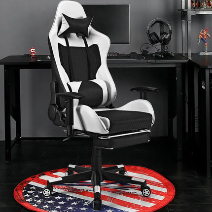 PU Leather Gaming Chair with USB Massage Lumbar Pillow and Footrest-White - White - Gaming Chairs