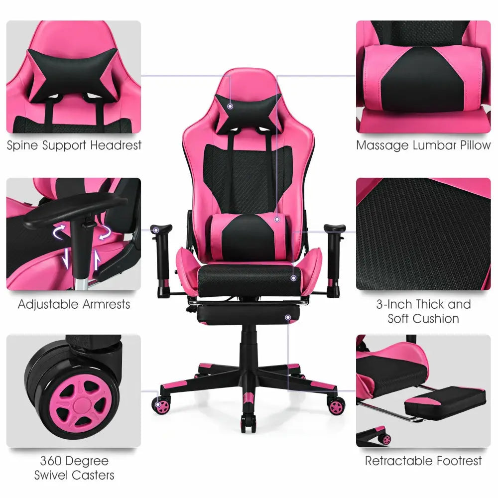 PU Leather Gaming Chair with USB Massage Lumbar Pillow and Footrest-Pink - Pink - Gaming Chairs