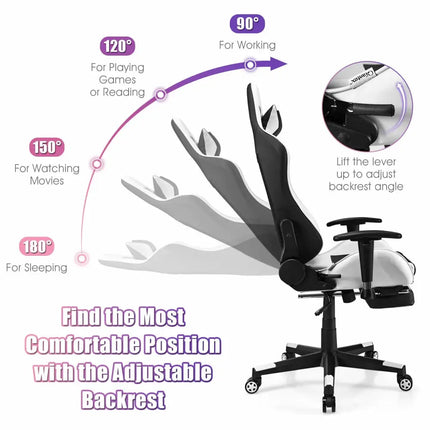PU Leather Gaming Chair with USB Massage Lumbar Pillow and Footrest-White - White - Gaming Chairs