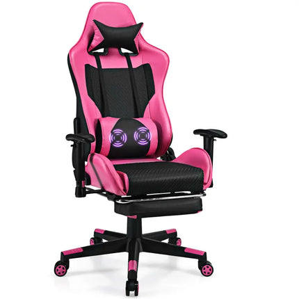 PU Leather Gaming Chair with USB Massage Lumbar Pillow and Footrest-Pink - Pink - Gaming Chairs