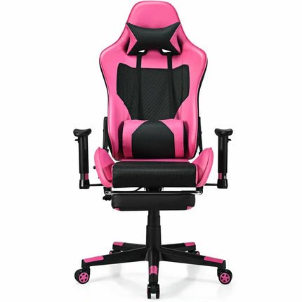 PU Leather Gaming Chair with USB Massage Lumbar Pillow and Footrest-Pink - Pink - Gaming Chairs