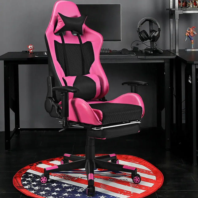 PU Leather Gaming Chair with USB Massage Lumbar Pillow and Footrest-Pink - Pink - Gaming Chairs