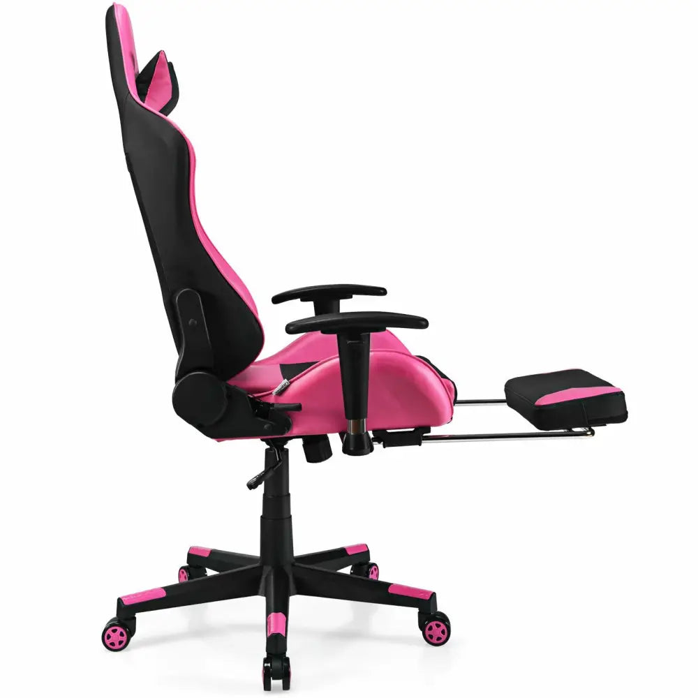 PU Leather Gaming Chair with USB Massage Lumbar Pillow and Footrest-Pink - Pink - Gaming Chairs