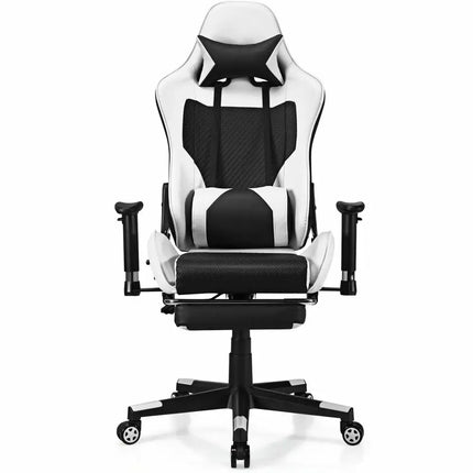 PU Leather Gaming Chair with USB Massage Lumbar Pillow and Footrest-White - White - Gaming Chairs