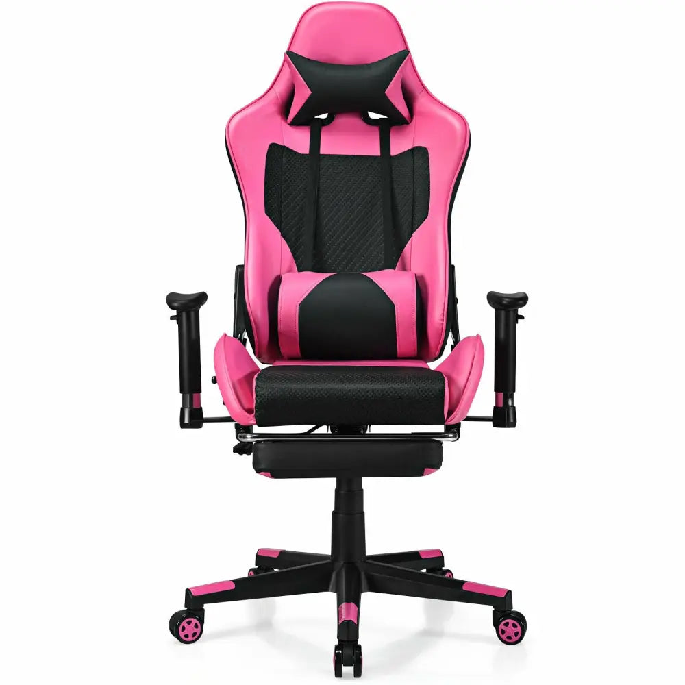 PU Leather Gaming Chair with USB Massage Lumbar Pillow and Footrest-Pink - Pink - Gaming Chairs