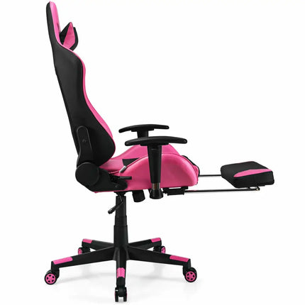 PU Leather Gaming Chair with USB Massage Lumbar Pillow and Footrest-Pink - Pink - Gaming Chairs