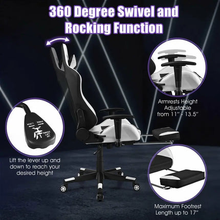 PU Leather Gaming Chair with USB Massage Lumbar Pillow and Footrest-White - White - Gaming Chairs