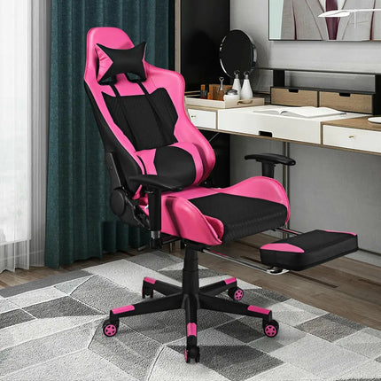 PU Leather Gaming Chair with USB Massage Lumbar Pillow and Footrest-Pink - Pink - Gaming Chairs