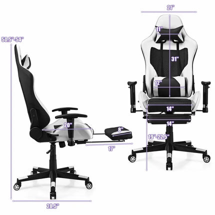 PU Leather Gaming Chair with USB Massage Lumbar Pillow and Footrest-White - White - Gaming Chairs