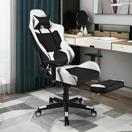 PU Leather Gaming Chair with USB Massage Lumbar Pillow and Footrest-White - White - Gaming Chairs