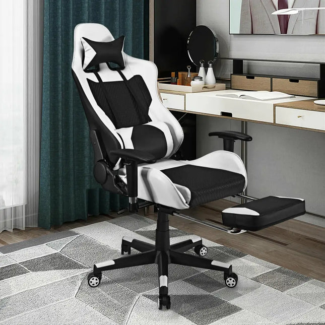 PU Leather Gaming Chair with USB Massage Lumbar Pillow and Footrest-White - White - Gaming Chairs