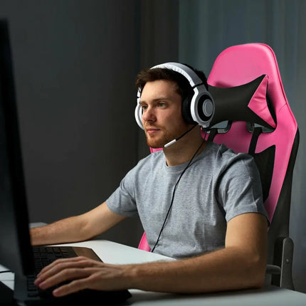 PU Leather Gaming Chair with USB Massage Lumbar Pillow and Footrest-Pink - Pink - Gaming Chairs