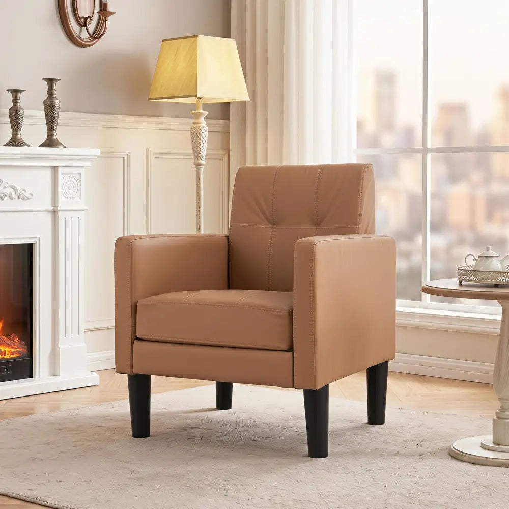 PU Leather Modern Accent Chair with Removable Seat Cushion-Brown - Brown - Accent Chairs