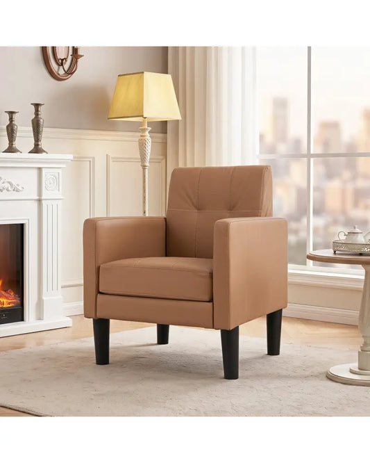 PU Leather Modern Accent Chair with Removable Seat Cushion-Brown - Brown - Accent Chairs