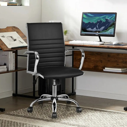 PU Leather Office Chair High Back Conference Task Chair with Armrests-Black - Black - Conference Chairs