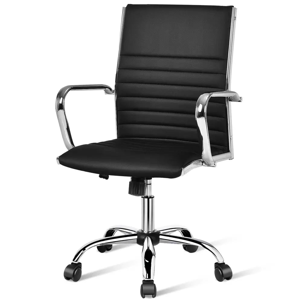PU Leather Office Chair High Back Conference Task Chair with Armrests-Black - Black - Conference Chairs