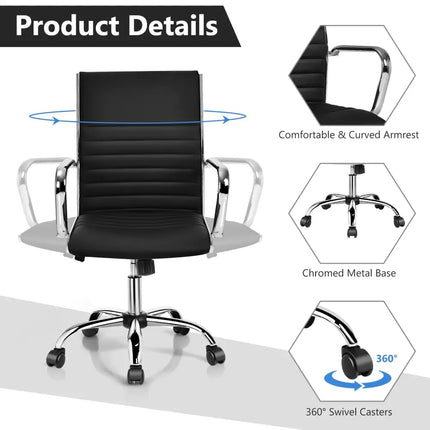 PU Leather Office Chair High Back Conference Task Chair with Armrests-Black - Black - Conference Chairs