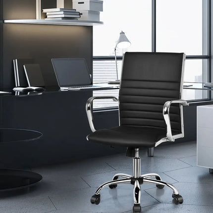 PU Leather Office Chair High Back Conference Task Chair with Armrests-Black - Black - Conference Chairs