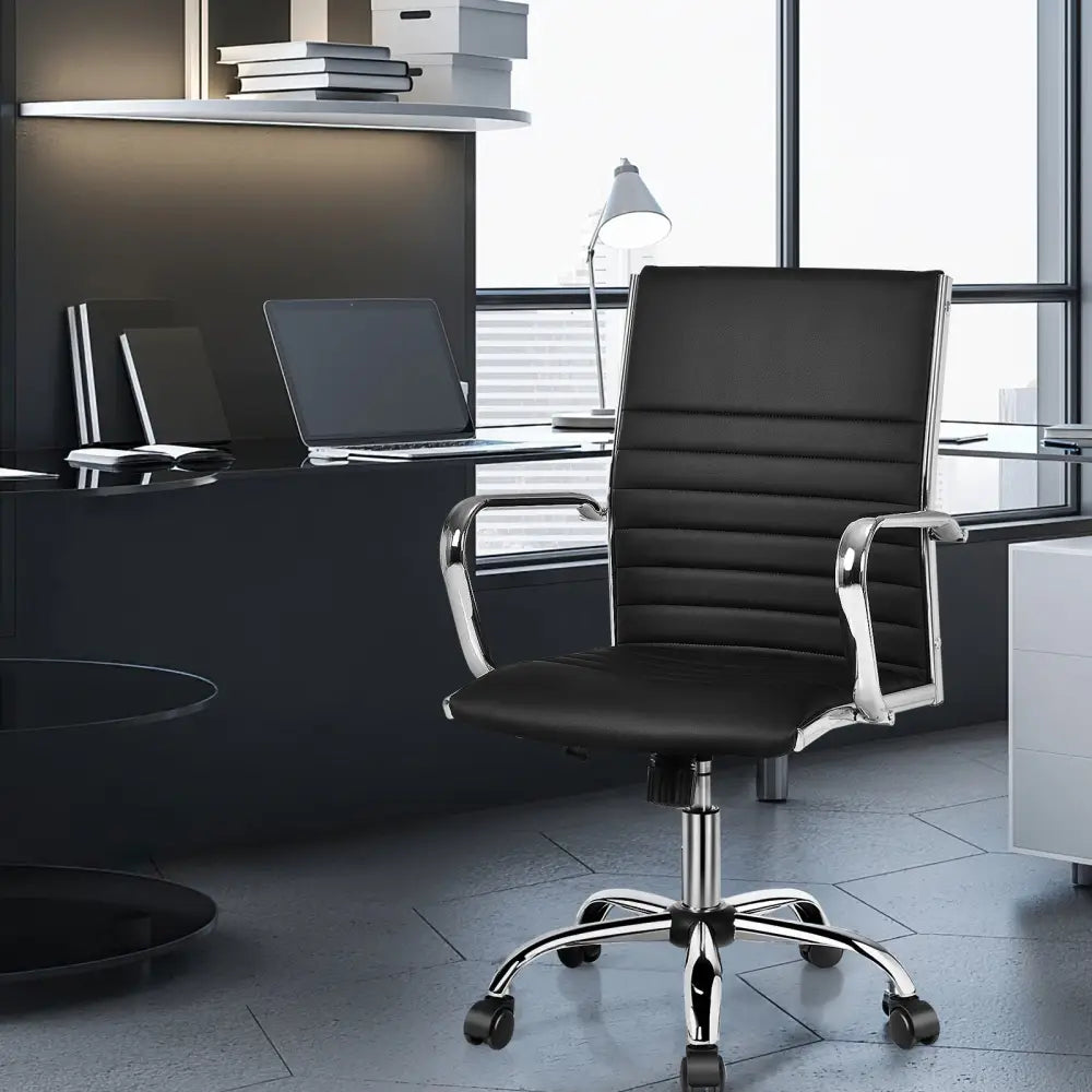 PU Leather Office Chair High Back Conference Task Chair with Armrests-Black - Black - Conference Chairs