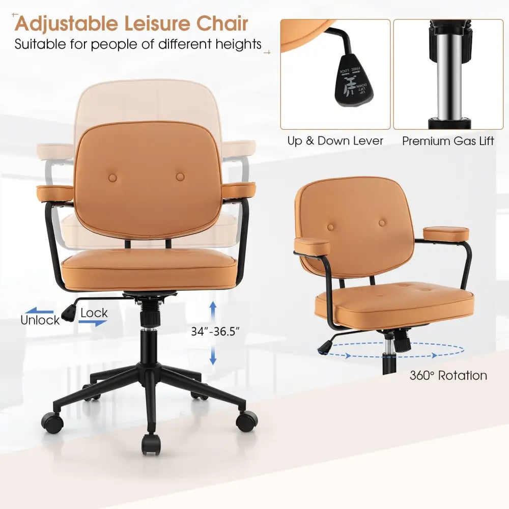 PU Leather Office Chair with Rocking Backrest and Ergonomic Armrest-Orange - Orange - Leisure Chairs