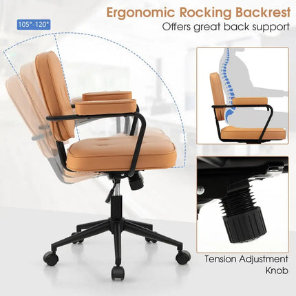 PU Leather Office Chair with Rocking Backrest and Ergonomic Armrest-Orange - Orange - Leisure Chairs