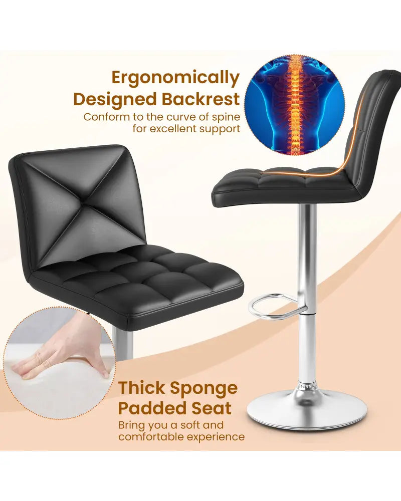 PU Leather Upholstered Bar Stools Set of 2 with Back and Adjustable Height-Black - Black - Bar Stools