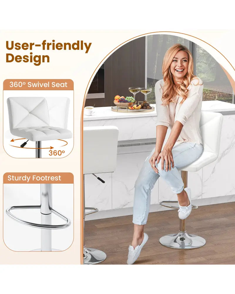 PU Leather Upholstered Bar Stools Set of 2 with Back and Adjustable Height-White - White - Bar Stools