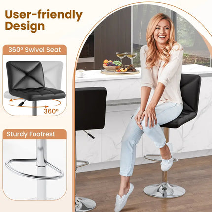 PU Leather Upholstered Bar Stools Set of 2 with Back and Adjustable Height-Black - Black - Bar Stools