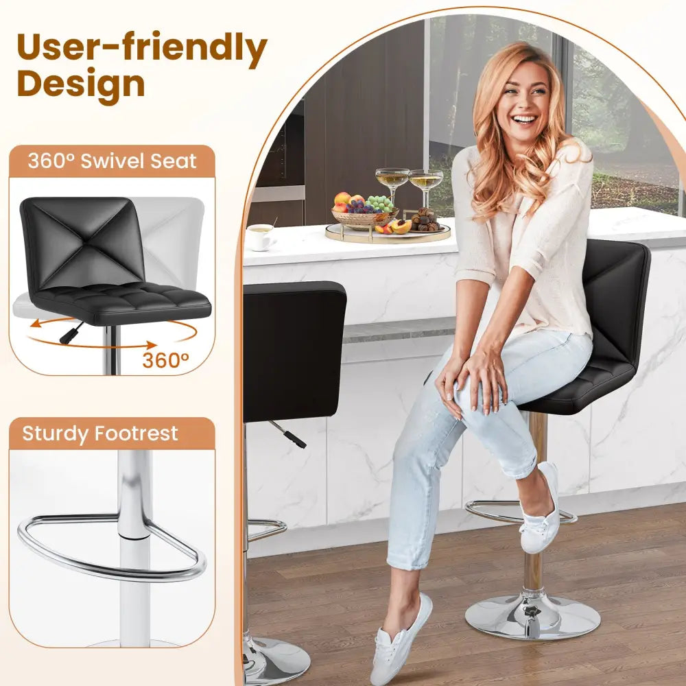 PU Leather Upholstered Bar Stools Set of 2 with Back and Adjustable Height-Black - Black - Bar Stools