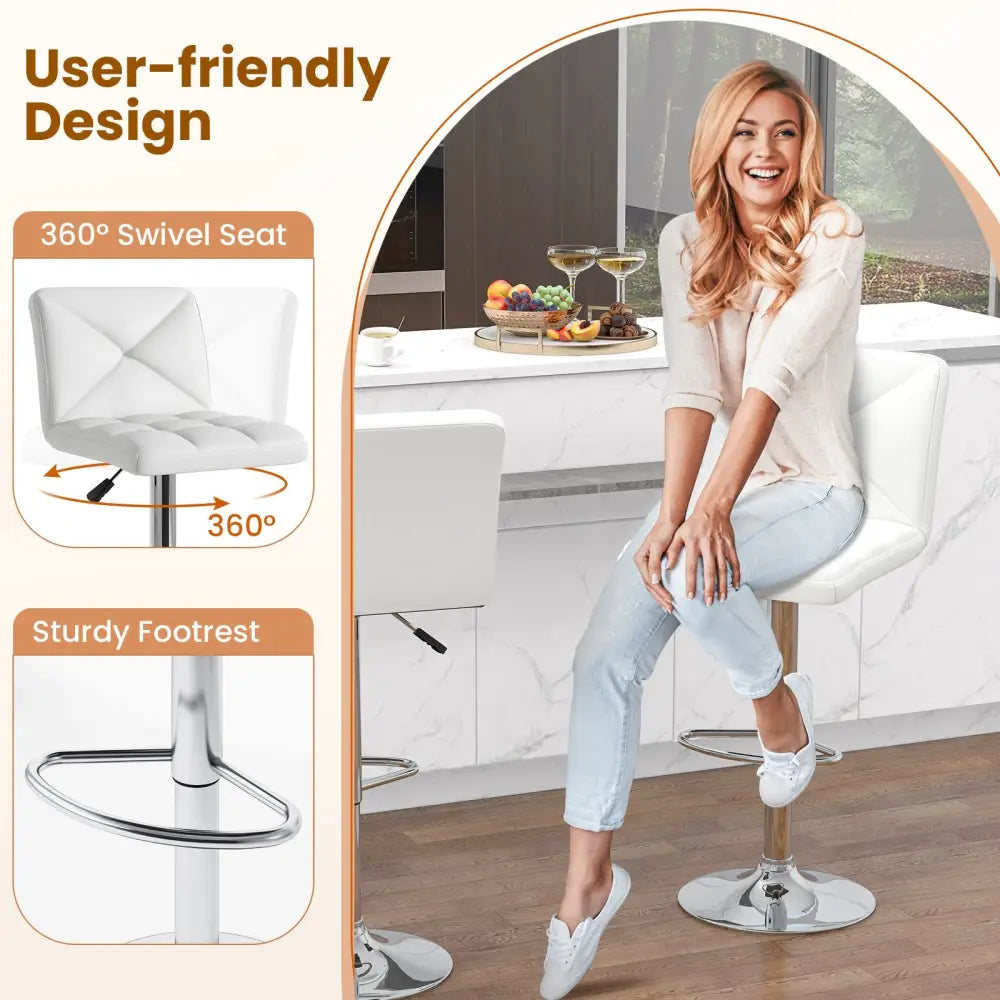PU Leather Upholstered Bar Stools Set of 2 with Back and Adjustable Height-White - White - Bar Stools