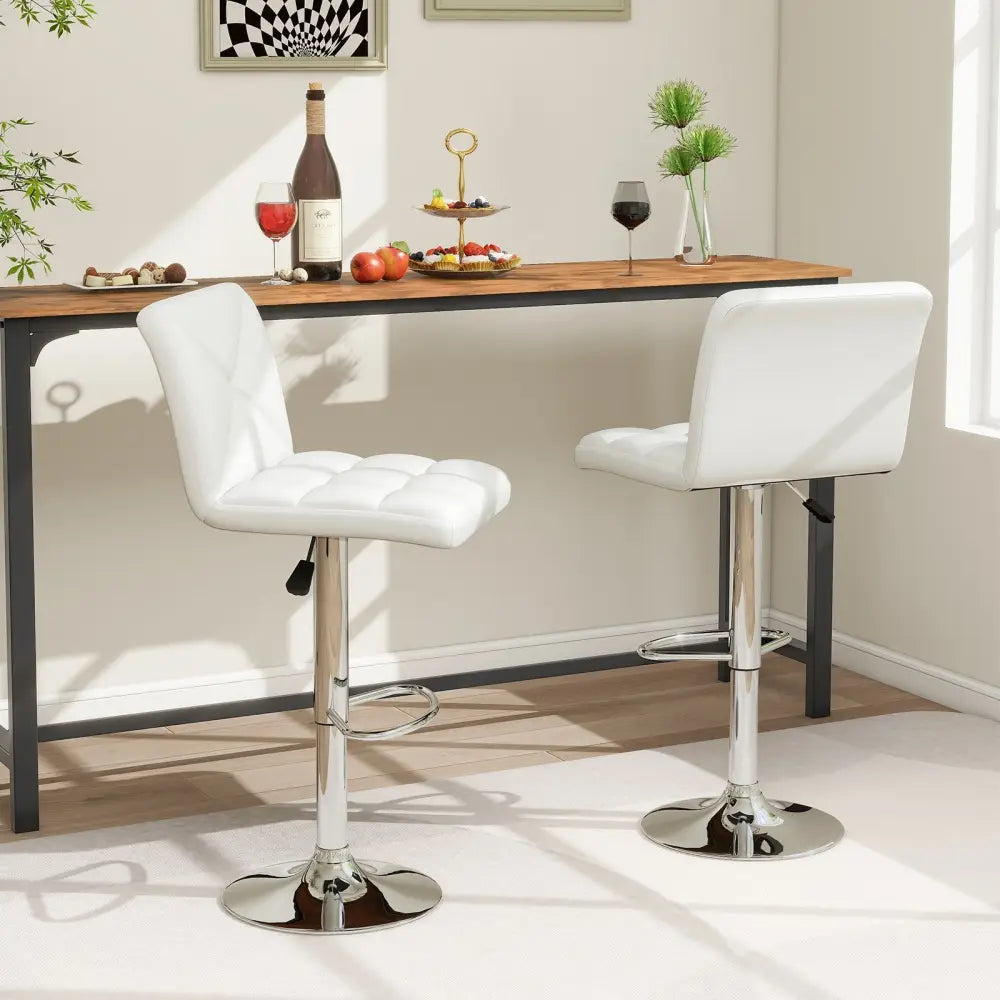 PU Leather Upholstered Bar Stools Set of 2 with Back and Adjustable Height-White - White - Bar Stools