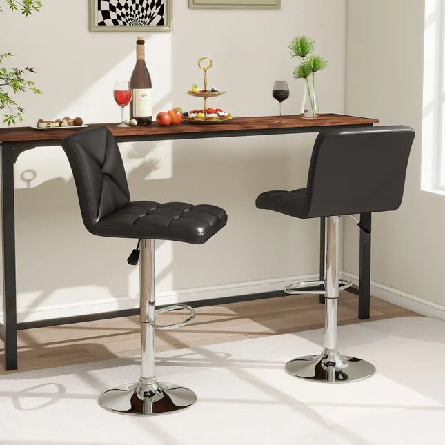 PU Leather Upholstered Bar Stools Set of 2 with Back and Adjustable Height-Black - Black - Bar Stools