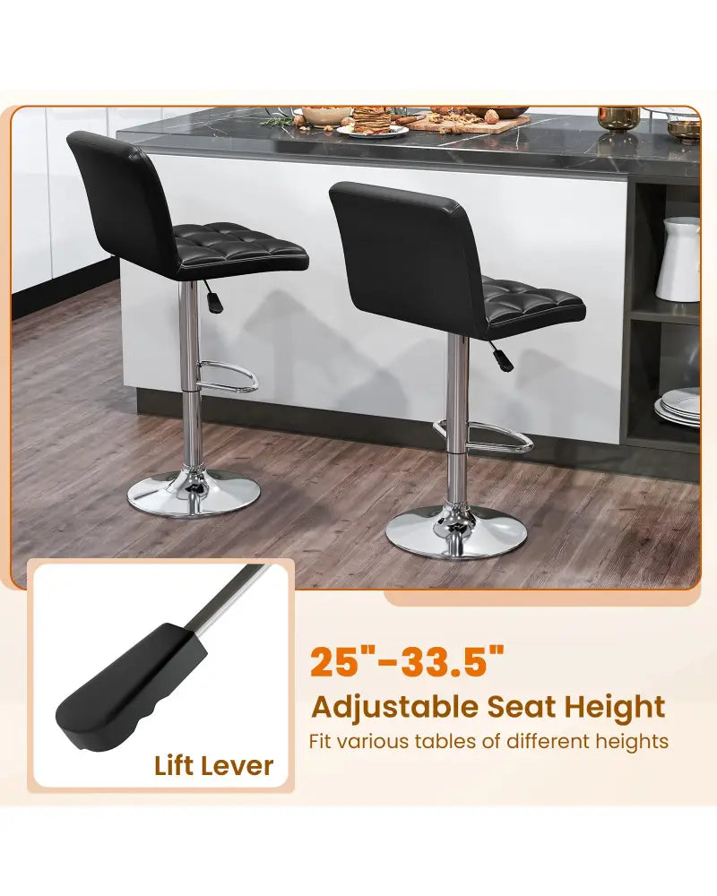 PU Leather Upholstered Bar Stools Set of 2 with Back and Adjustable Height-Black - Black - Bar Stools