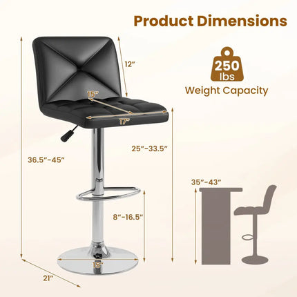 PU Leather Upholstered Bar Stools Set of 2 with Back and Adjustable Height-Black - Black - Bar Stools