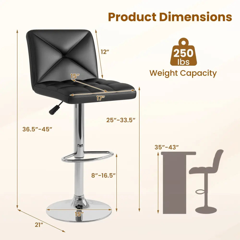 PU Leather Upholstered Bar Stools Set of 2 with Back and Adjustable Height-Black - Black - Bar Stools