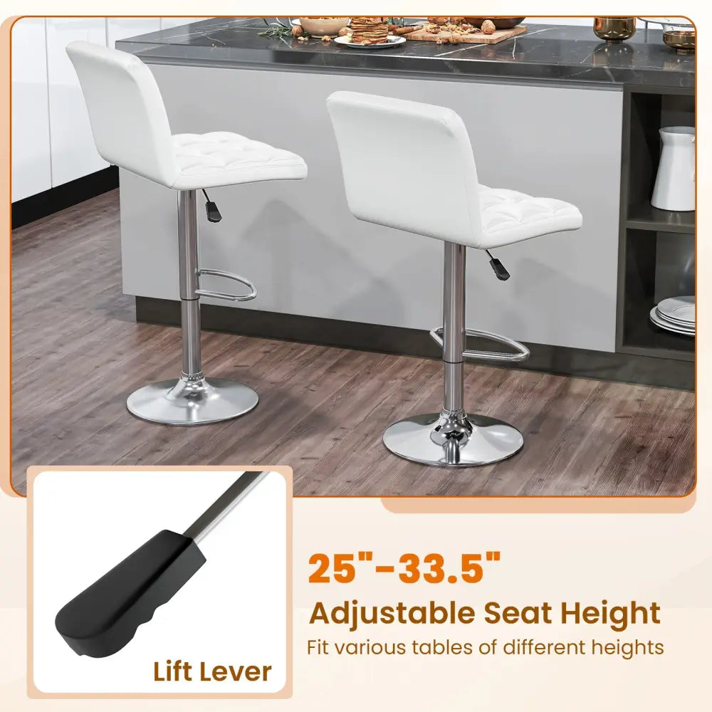 PU Leather Upholstered Bar Stools Set of 2 with Back and Adjustable Height-White - White - Bar Stools