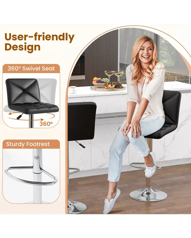 PU Leather Upholstered Bar Stools Set of 2 with Back and Adjustable Height-Black - Black - Bar Stools